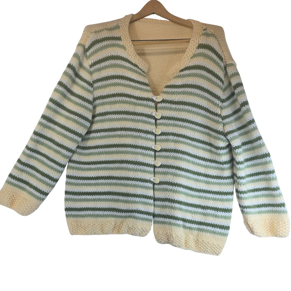 Hand Knit Striped Cardigan Sweater Oversize Handmade Cottagecore Chunky Women XL